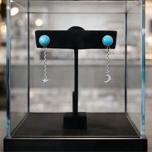 Silver Turquoise Earrings with moon and star 🌟 decor.